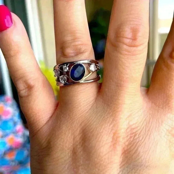 Gorgeous 14k Gold 925 Silver Blue Sapphire Diamond Ring - Picture 3 of 7